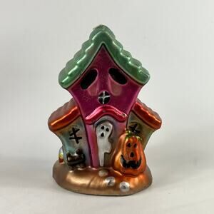 Halloween Haunted House Ghost Pumpkin Wax Candle Painted 5.75" Decor Display